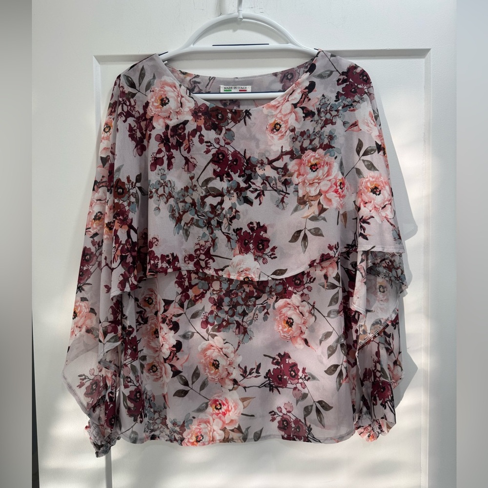 MADE IN ITALY Floral Chiffon Blouse - Pink and Burgundy. Size M